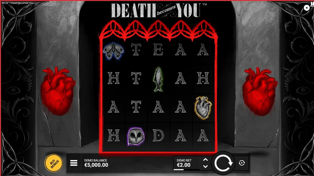 Tampilan visual slot Death Becomes You dengan nuansa gotik dan atmosfer noir yang mencekam.
