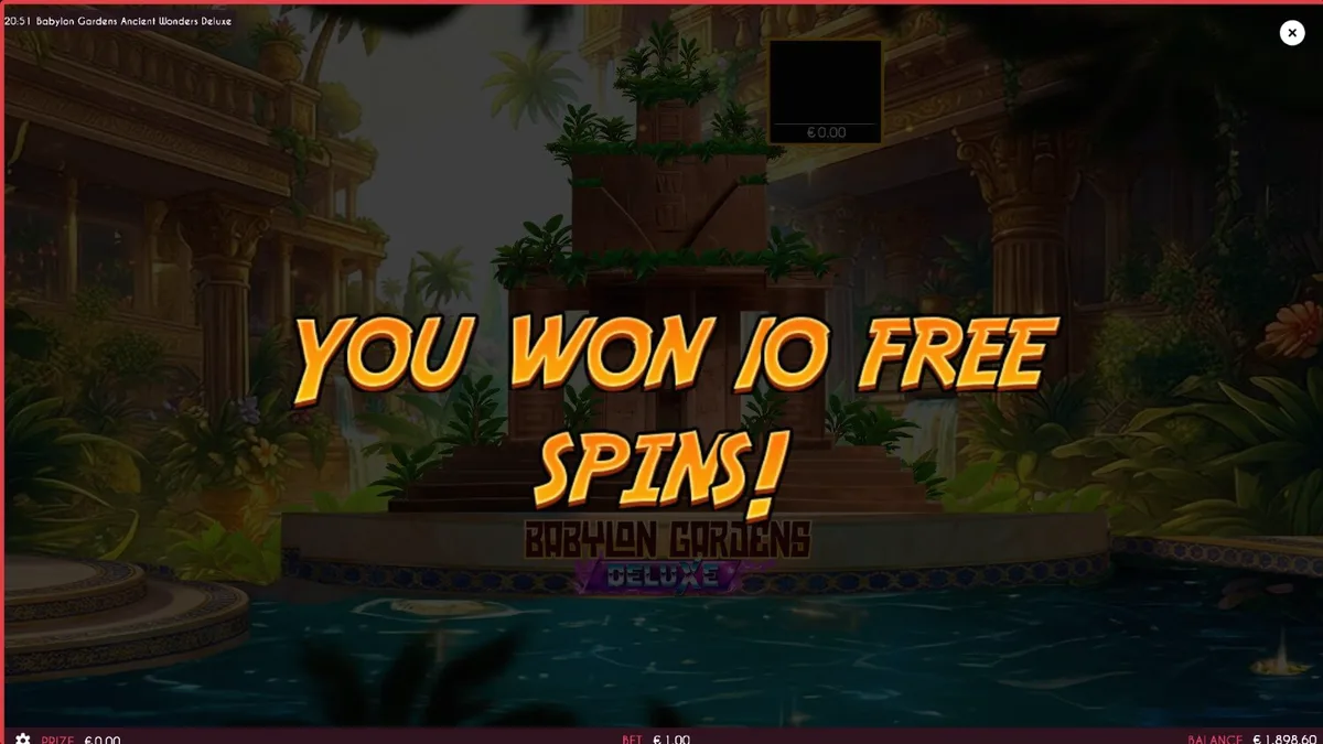 Pemandangan visual megah dari slot Babylon Gardens Ancient Wonders Deluxe dengan latar belakang taman gantung kuno.